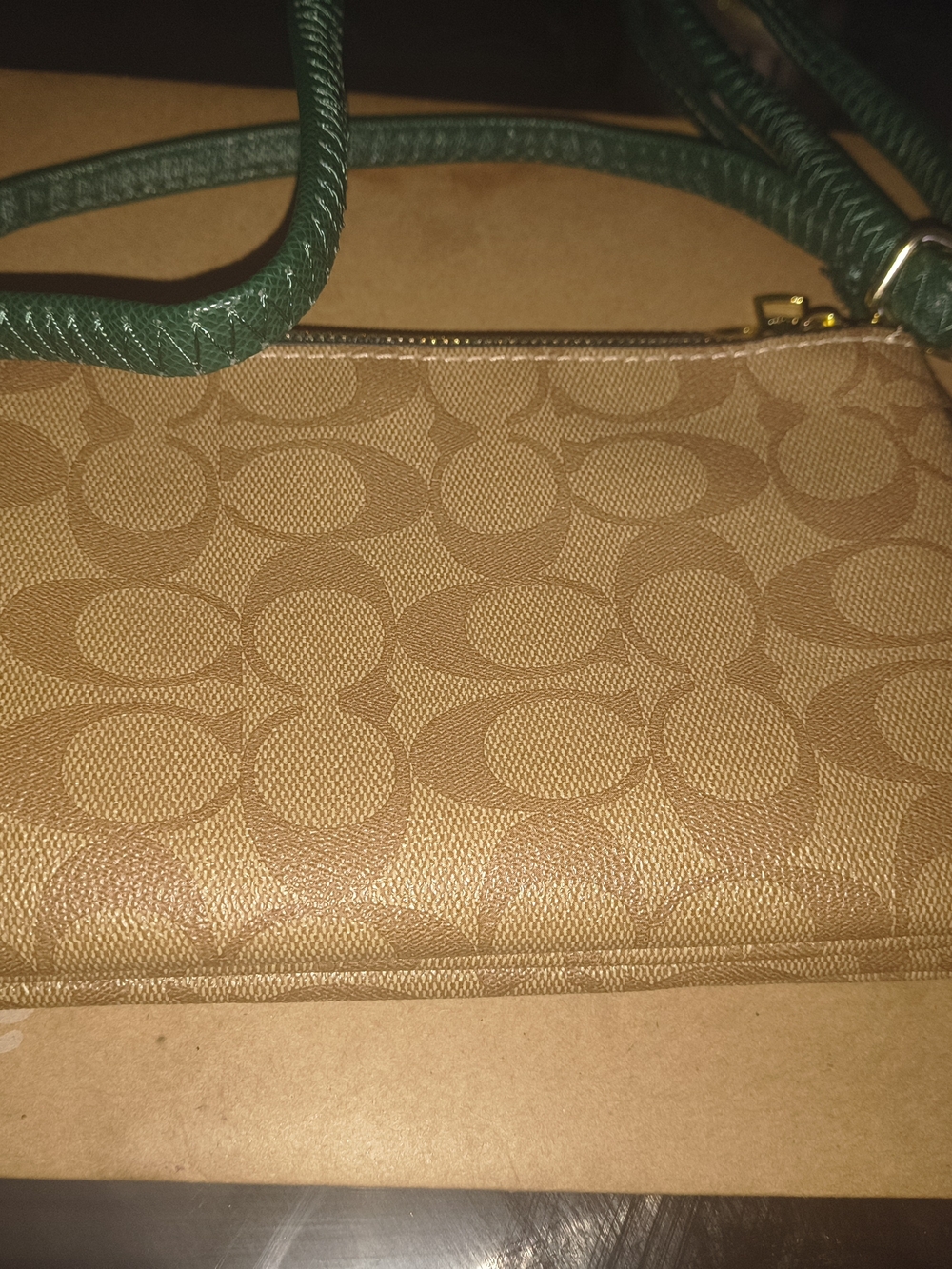 Coach Tan Signature Crossbody Wristlet with Green Strap